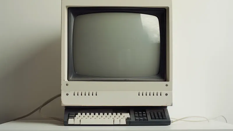 A retro beige computer monitor and keyboard on a white desk.