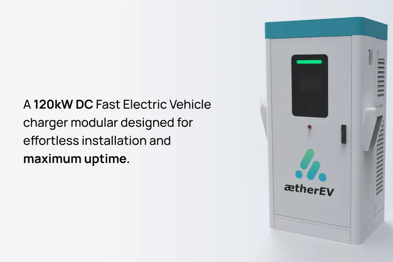 An AetherEV fast-charging station beside the line “A 120kW DC Fast Electric Vehicle charger”