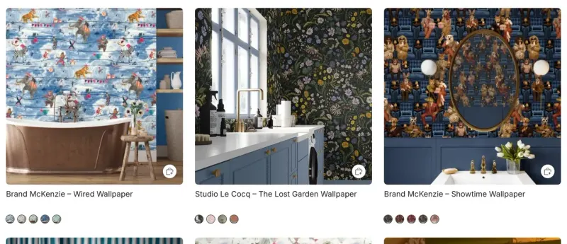 The new wallpaper collection: three designs shown in real rooms, each with a row of colourway swatches