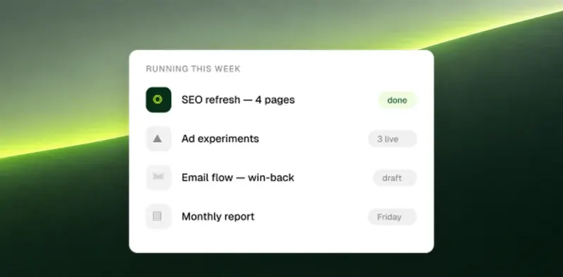 What's running this week: an SEO refresh done, three ad experiments live, a win-back email in draft and the monthly report due Friday