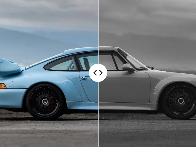 A restored Porsche 911 in light blue beside the same car before restoration, split down the middle