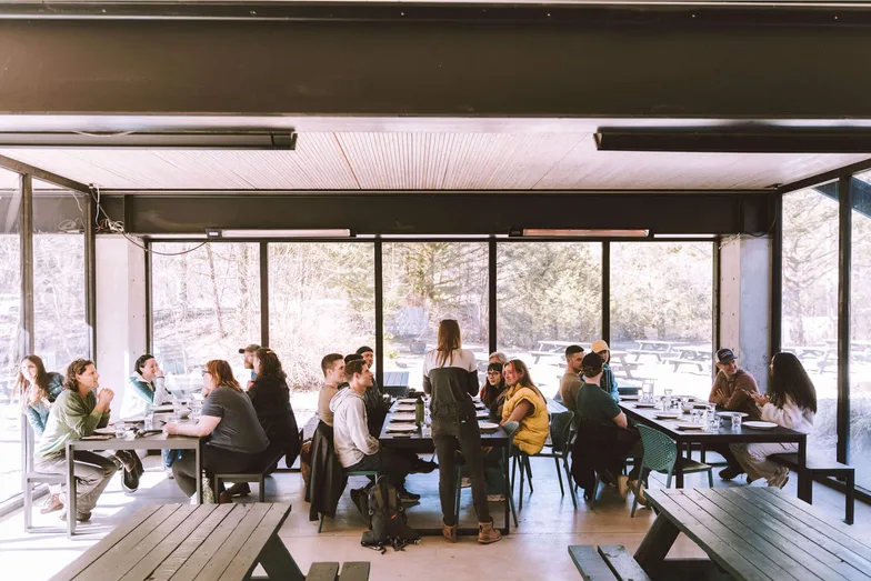 People talking around long tables in a timber hall with tall windows onto the woods