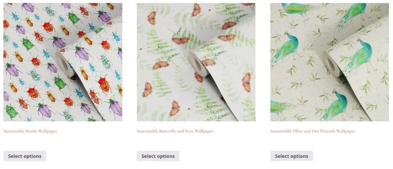 The old wallpaper shop: three rolls of wallpaper on plain backgrounds, with small names and grey Select options buttons