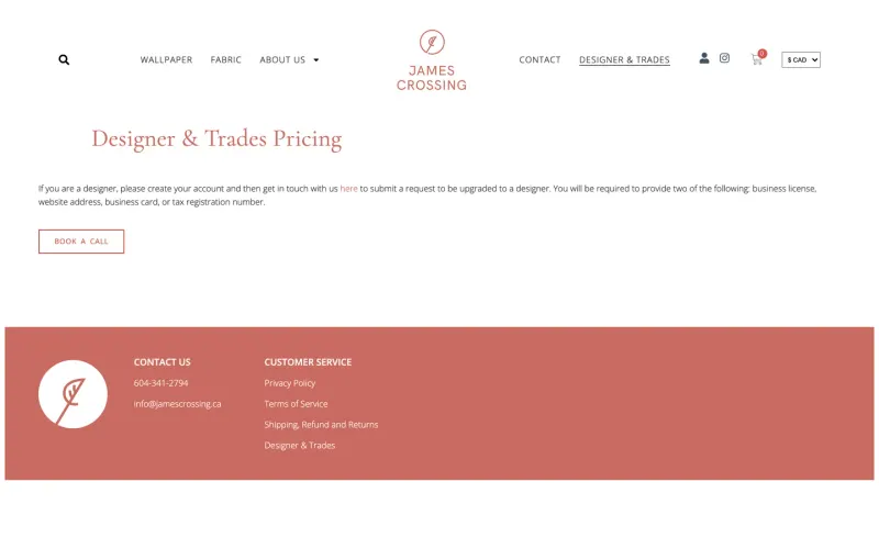The old Designer and Trades page: one heading, one paragraph and a Book a call button