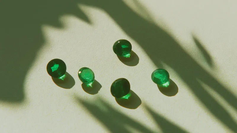 Bright green glass gems on a pale surface under leaf shadows.