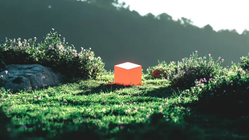 A glowing orange cube alone in a green meadow scattered with purple flowers.