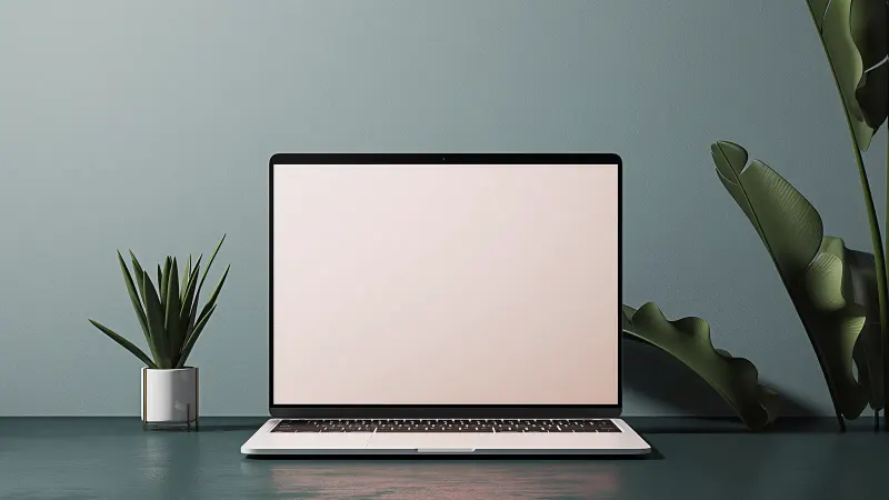 A laptop with a blank screen on a green desk between potted plants, against a muted green wall.
