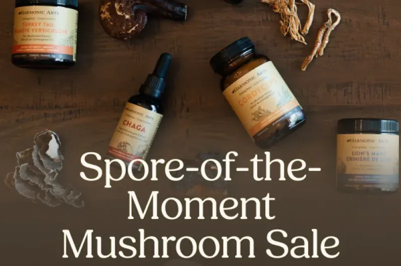 A Harmonic Arts email: Spore-of-the-Moment Mushroom Sale, over its mushroom tinctures and powders