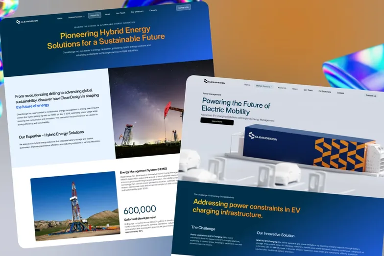 CleanDesign’s website pages on hybrid energy and electric mobility