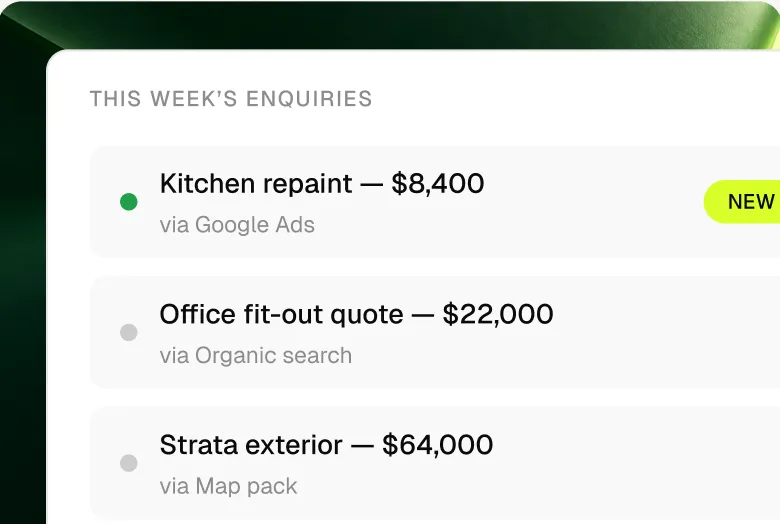 An enquiries list showing quotes for a kitchen repaint, an office fit-out and a strata exterior