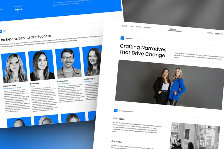 Coldwater Communications’ website pages showing its team
