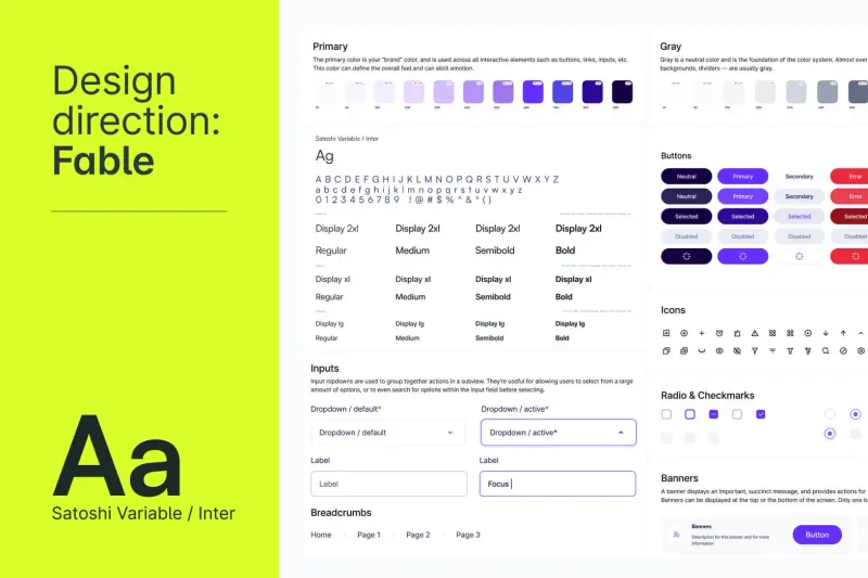 The “Fable” design direction Setsail made for the Colorado Secretary of State: colour scales, Satoshi and Inter type, buttons, inputs and icons from the design system