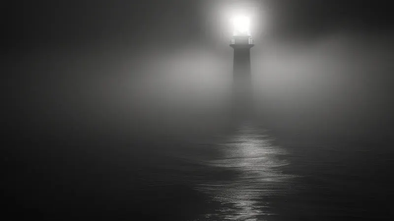 A lighthouse shining through dense fog over calm water.