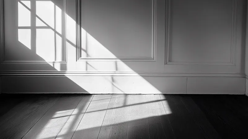 Window light falling across a panelled room, in black and white.