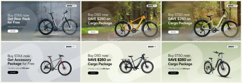 Six eBike BC promotional banners for ENVO STAX, D50 and ST50 e-bikes with offers like 'SAVE $250 on Cargo Package'