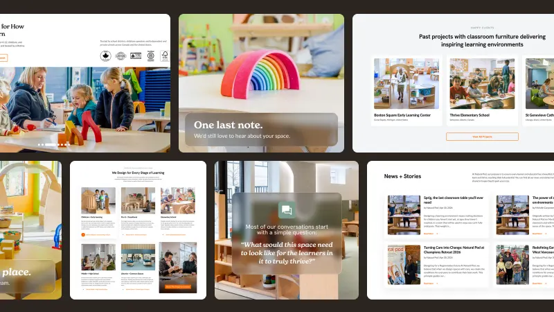 A wall of Natural Pod work by Setsail: the redesigned home page, its learning-stage and past-project sections, and the Ideabook nurture emails