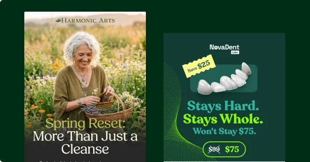 Two designed emails: a Harmonic Arts spring reset and a NovaDent offer