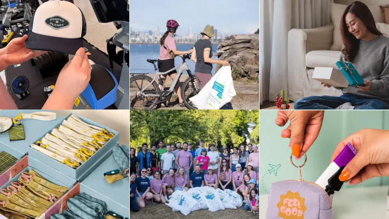 A wall of photography from Fairware emails by Setsail: a People and Planet trucker cap being pressed, two cyclists at the Reeve x Fairware shoreline cleanup, a woman opening a gift, a merchandise kit, the cleanup volunteers and a Feel Good travel pouch