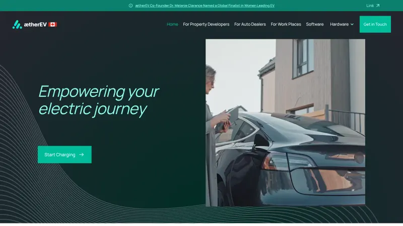 The aetherEV home page Setsail built, “Empowering your electric journey”, beside an electric car at a charger