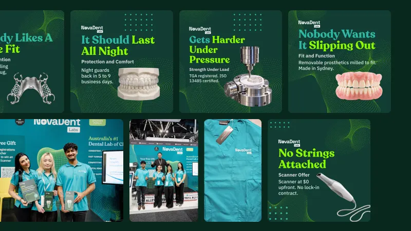 A wall of NovaDent Labs work by Setsail: green ads for dentures, night guards and milling, the trade show team in teal polos, and the scanner offer