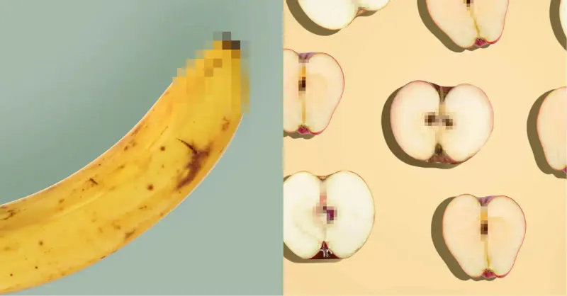 Split image: a banana on sage green and halved apples on cream, both with pixelated censor blocks