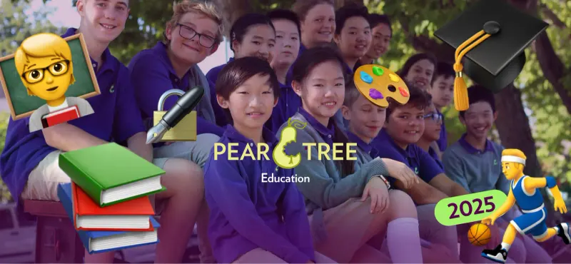 Pear Tree Education school cover: smiling students in purple polos behind the Pear Tree logo with school and sports emoji