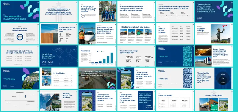 Grid of City of Prince George investment deck slides in navy, teal and purple with industry photos and charts