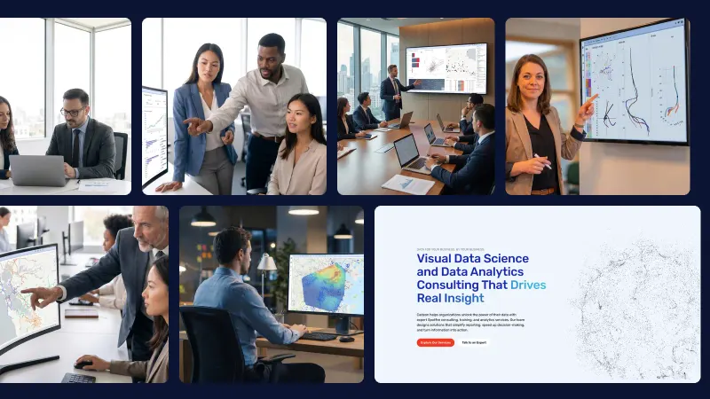 Pictures from Cadeon’s LinkedIn ads by Setsail, of analysts and leaders at work with Spotfire dashboards, beside its home page
