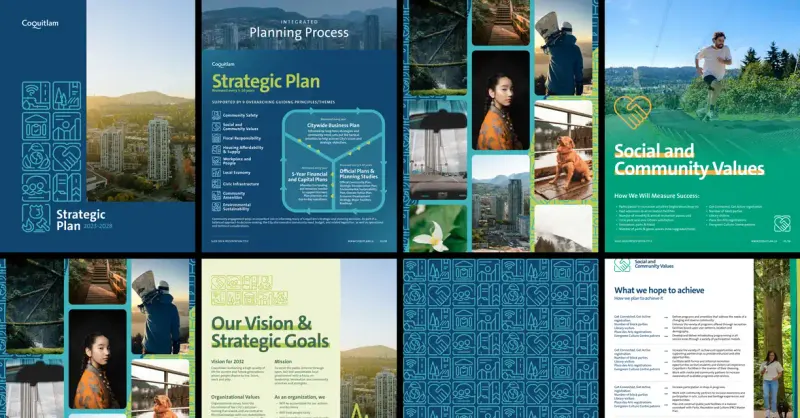 Spreads from a strategic plan document in teal and green