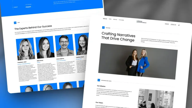 Coldwater Communications website on two tilted screens: the About page headline and a team page with blue portraits