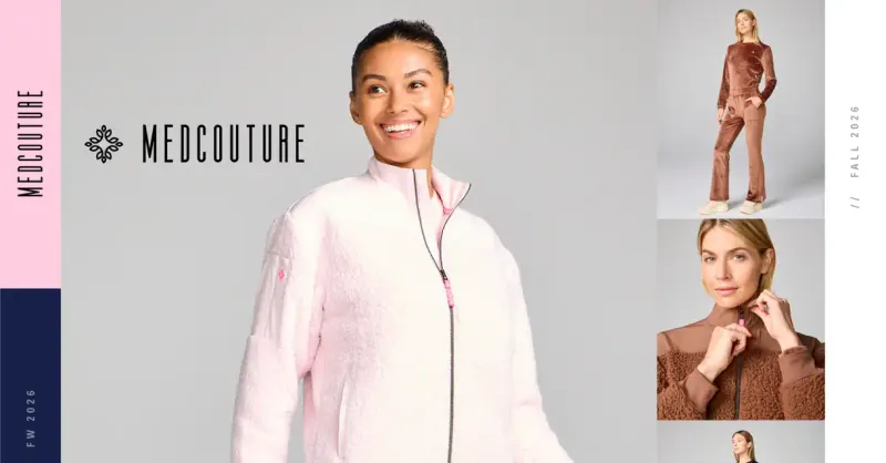 A Medcouture product sheet with a model in a white jacket