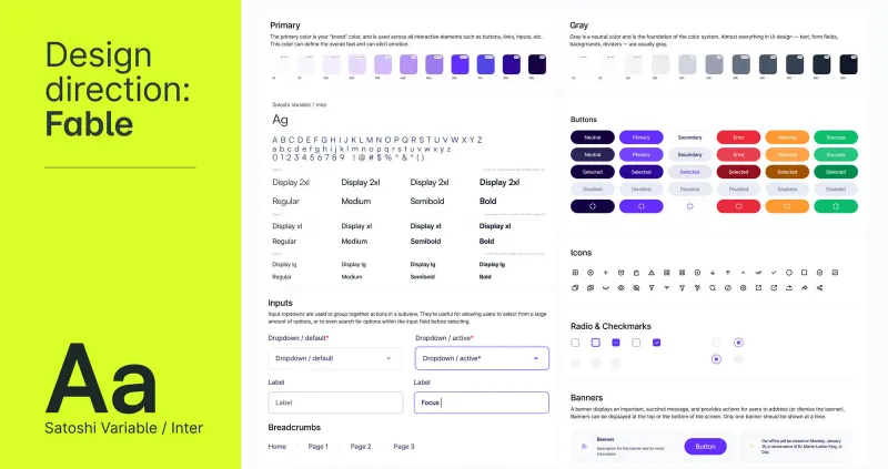 The “Fable” design direction Setsail made for the Colorado Secretary of State: colour scales, Satoshi and Inter type, buttons, inputs and icons from the design system