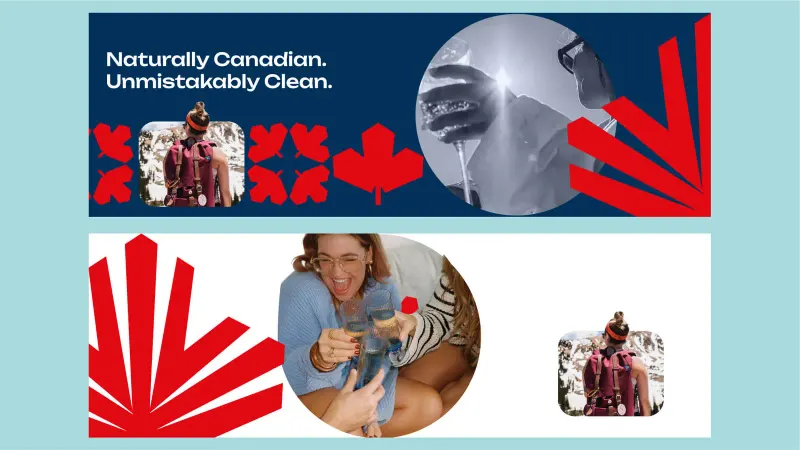 Crockies brand banners: "Naturally Canadian. Unmistakably Clean." with red maple-leaf graphics on navy and white