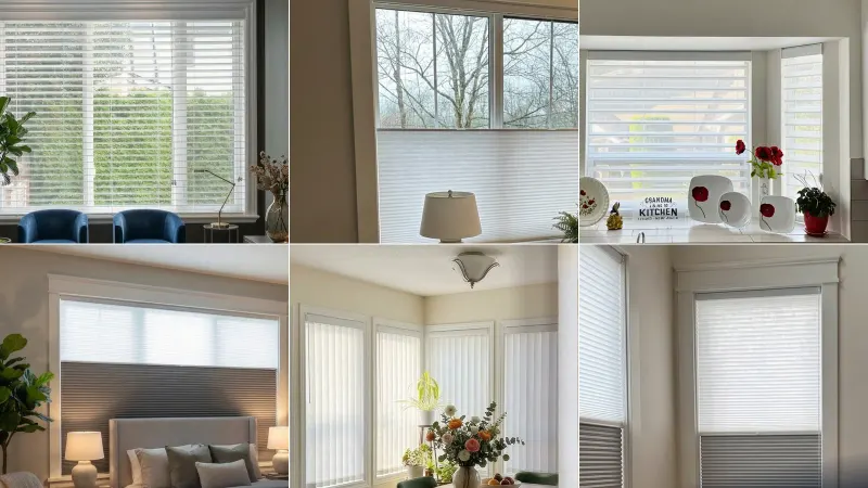 A wall of windows dressed by Ray Blinds: white faux-wood blinds, top-down cellular shades, zebra blinds in a kitchen bay, a blackout shade over a bed, vertical blinds in a breakfast nook and a light-filtering shade