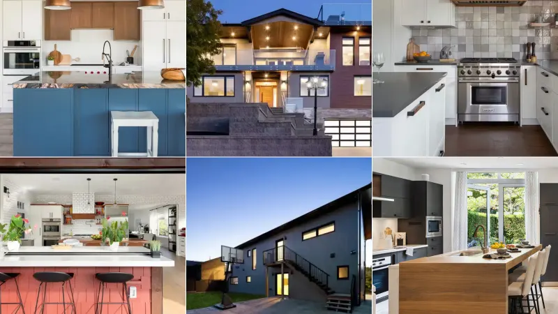 A wall of TQ Construction projects from the website we built: a blue island kitchen, a lit custom home at dusk, a white kitchen with a gas range, a red shingle island, a dark modern home and a wood and charcoal kitchen