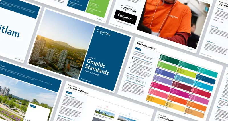 Tilted collage of City of Coquitlam Graphic Standards pages showing the logo, colour palettes and photography guidelines