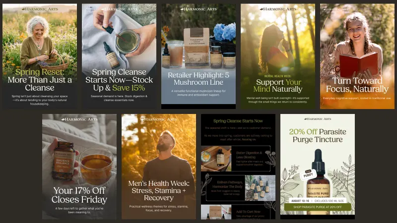 A wall of Harmonic Arts emails by Setsail: Spring Reset, Spring Cleanse, the 5 Mushroom line, Mental Health Week, Men’s Health Week, Parasite Purge and more