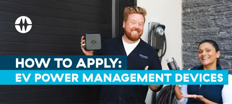 BC Hydro video thumbnail 'How to Apply: EV Power Management Devices' with two presenters holding a device and a charger