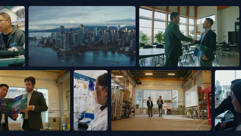 Stills from Setsail’s Invest Vancouver films: a machinist, the Vancouver skyline, business leaders meeting on a manufacturing floor and a scientist in a lab