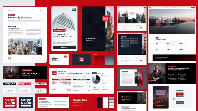 Steepe & Co brand and web design collage: red and navy logos, factsheets, business cards, website pages and team profiles