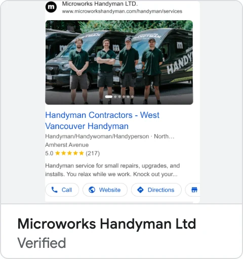 Microworks Handyman Google Maps ad with the crew in front of their vans, a 5.0 star rating and a Call button