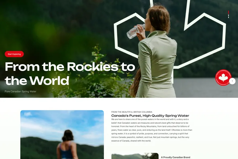 Crockies’ storefront, a woman drinking water under “From the Rockies to the World”