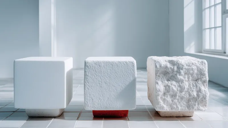 Three white cubes, one smooth, one rough and one natural stone, on a tiled floor.