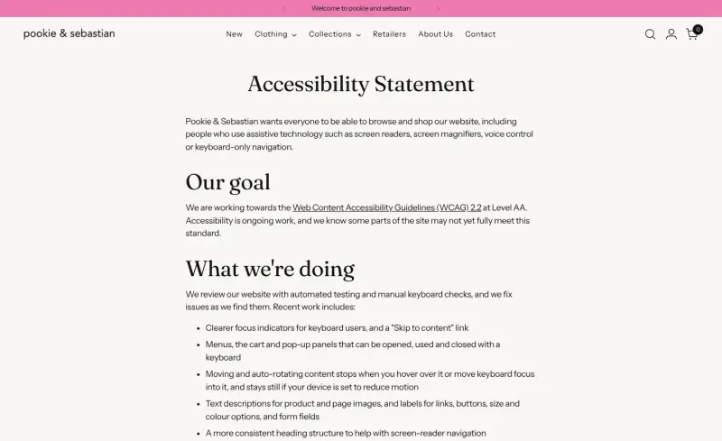 The Pookie + Sebastian accessibility statement on a laptop