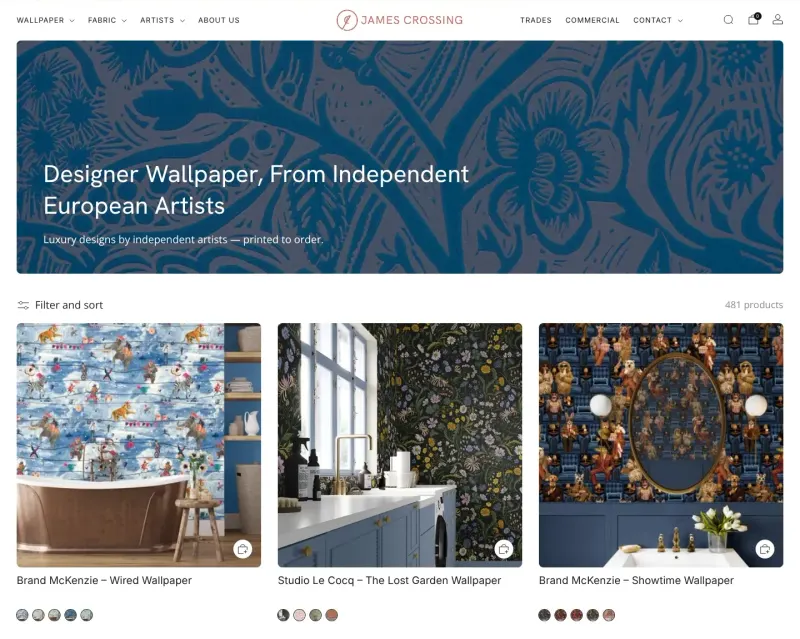 The James Crossing wallpaper collection on a laptop: each design shows once, with a row of colourway swatches under it