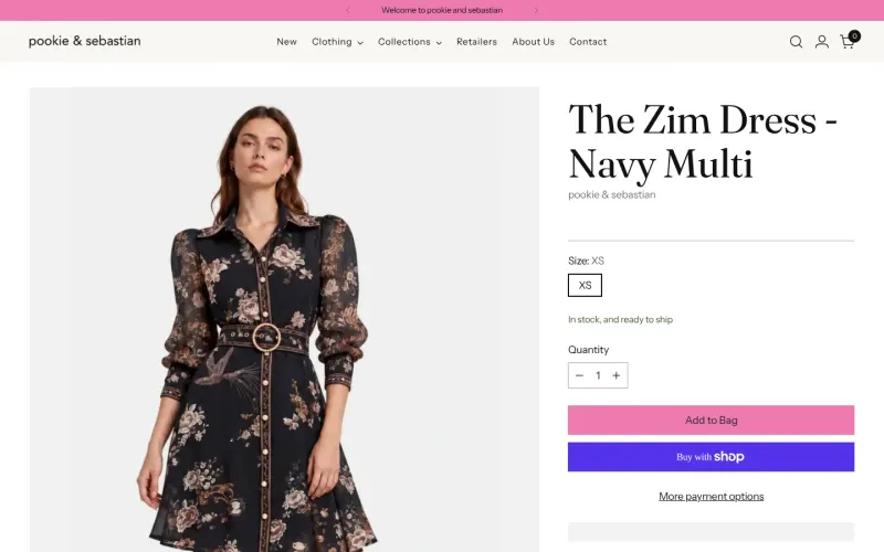 A Pookie + Sebastian product page on a laptop: The Zim Dress, with size, quantity and Add to Bag