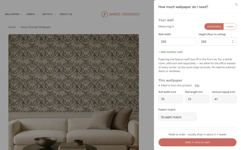 The James Crossing wallpaper calculator open beside a product page: a 320 by 250 cm wall, and an Add 2 rolls to cart button