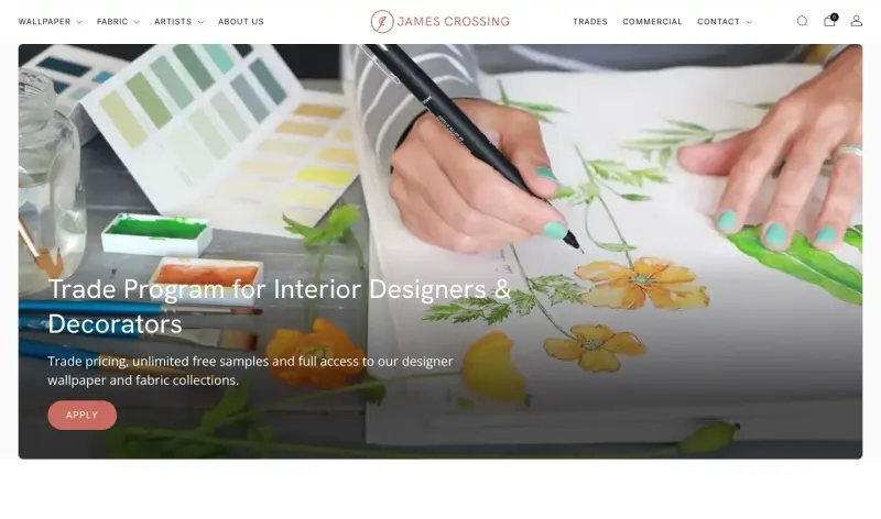 The James Crossing Trade Program page: trade pricing, unlimited free samples and an Apply button