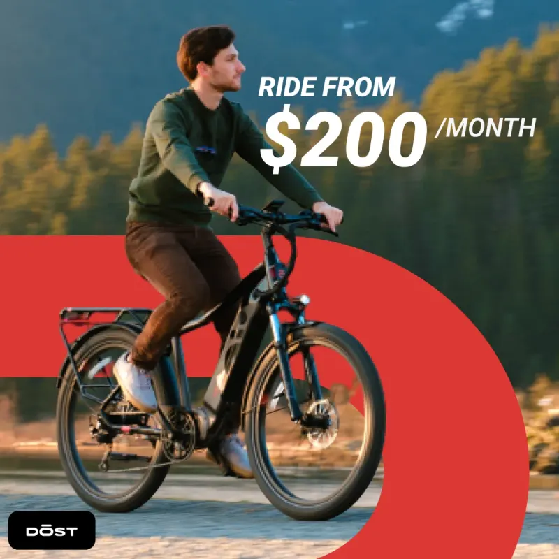 DŌST image ad: a rider on an e-bike, “Ride from $200/month”