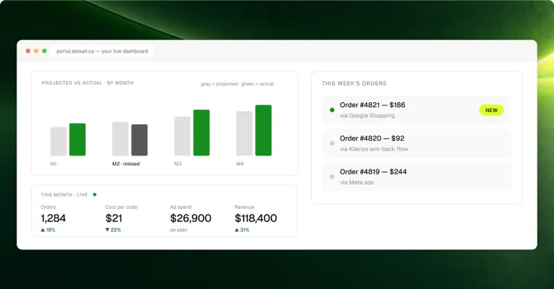 Your live dashboard: projected against actual by month, this month's orders, cost per order, ad spend and revenue, and this week's orders by channel